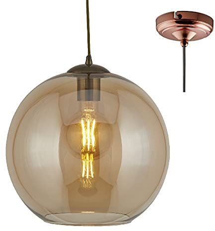 Britalia Antique Brass & Amber Glass Dome Shade Vintage Pendant Ceiling Light | 25cm Diameter | 1 x E27 ES Lamp Bulb Required (Not Included) | Retro Design