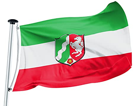 FLAGLY Premium Flagge Nordrhein-Westfalen 100x150cm -115g/m² Stoffgewicht - gedruckt, robustes und witterungsbeständiges Glanzpolyester mit Ösen (100 x 150 cm, Nordrhein-Westphalen)