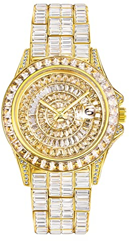 ICEDIAMOND Iced Out Luxus-Armbanduhr mit CZ-Diamanten im Vollbaguette-Stil, 42 mm Bling-Zirkonia-Kalender, rundes Zifferblatt, vergoldete Uhr für Herren (Gold)