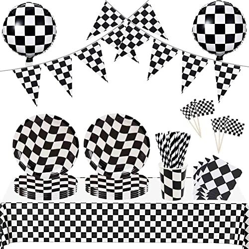 Rennauto Party Zubehör Geburtstag Deko 10 Pappteller, 10 Pappbecher, 20 Servietten, 24 Zielflagge Cupcake Topper, Tischdecke, 2 Balllons Auto Geburtstagsdeko Rennwagen Schwarz Weiß