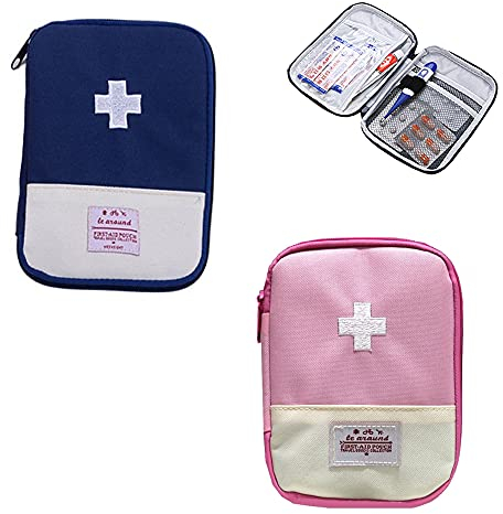 2 Stück Medikament Tasche, Mini Erste Hilfe Tasche Leer, Tragbare Mini Erste-Hilfe Set, Notfalltasche, für Notsituationen zu Hause, im Büro, auf Reisen, beim Wandern, Camping (Blau, Pink) Klein