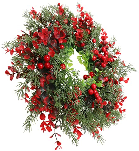 Didiseaon Beerenzweig Weihnachtskranz mit Roten Beeren Weihnachtskiefer Winterkranz Weihnachtsstechpalmenbeere Türkranz für Urlaub Festival Haus Bauernhaus Wanddekor Beerengirlande