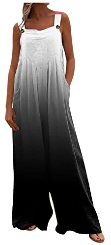 Damen Beiläufig Latzhose Jumpsuits Bib Hose Leinen Einfarbig Casual Loose Overall Rompers Lange Wide Leg Hosen,Lange Hose Damen Hosen Modern Sport Frauen Damenmode Sommer Ärmellose (S,Weiß-3)