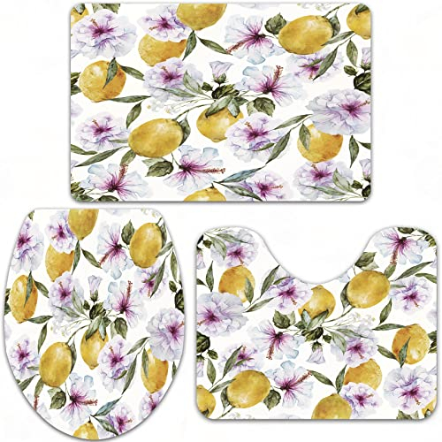 URSOPET Badteppich-Set 3-teilige, rutschfeste,Blumen Zitronen Essenz Erfrischende Landwirtschaft Ernte Aroma Bio Aquarell,rutschfeste Badematte, U-förmiger Konturteppich und Toilettendeckel