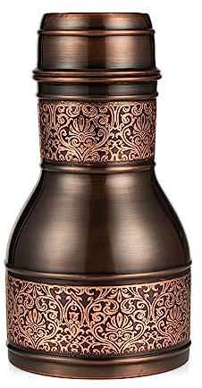 Kupfer-Wasserflasche – Nachttischkaraffe mit Glas – Metall-Wasserkrug mit Deckel – Ayurveda-Heilvorteil, robustes Gefäß – 963 ml