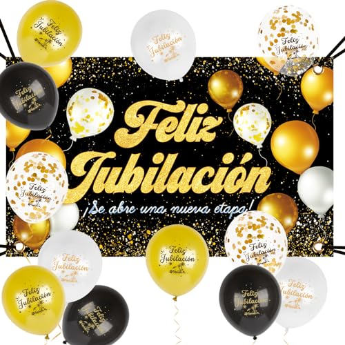 Decoración Jubilación, Pancarta Grande Feliz Jubilación con 12pcs Globos Fiesta Jubilación Oro Negro Photocall Jubilación