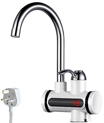 Instant Hot Water Tap, 220v 3000w Electric Hot Water Heater Tap, Stainless Steel Electric Hot and Cold Mixer Water Taps with Digital Display for Kitchen Bathroom Washroom, UK Plug