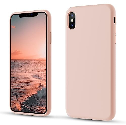 CALOOP Liquid Silicone Case Designed for iPhone Xs Max Case 6.5 inch, Full Body Protective Covered Silky-Soft Anti-Scratch Gel Rubber Slim Shockproof Cover with Microfiber Lining, Sand Pink
