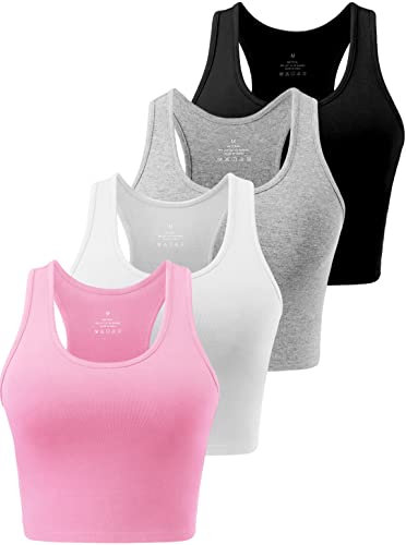 Star Vibe 4 Stücke Sport Crop Top Set Damen Basic Sporttop Tanktops Frauen Yoga Sport Top Damen Fitness Black/Light Grey/White/Pink S