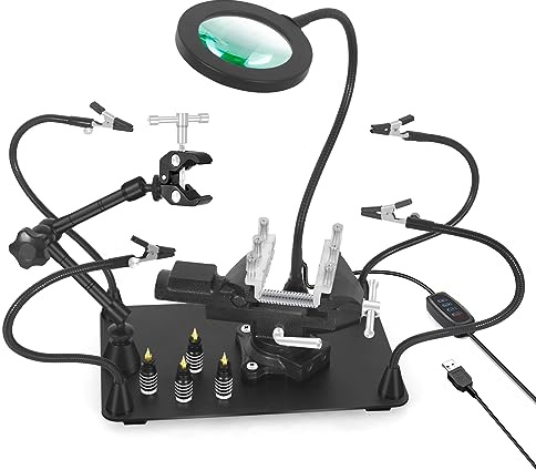 Magnetic Helping Hands Soldering Third Hand with Heavy Duty Metal Workbench Vise, PCB Circuit Board Holder with 5X Magnifying Lamp, 360° Hot Air Gun Holder, Flexible Arms for Soldering StationL8
