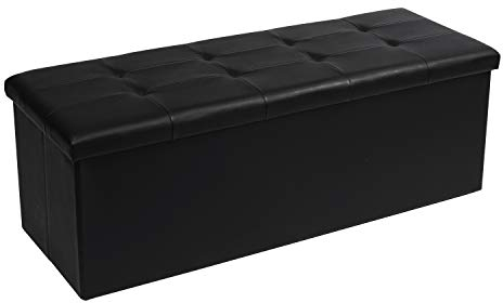 Bonlife End of Bed Storage Bench,Folding Black Ottoman Seat,Toy Chest Box Bedside Table Faux Leather Footstool for Living Room,110x38x38cm