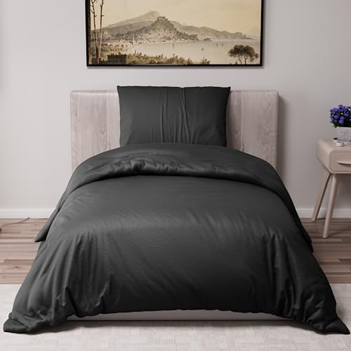 Dreamzie - Bettwäsche Set 135x200 cm mit 1 Kissenbezügen 50x70 cm Schwarz - Bettbezug 135x200 Einzelbett aus 100% Mikrofaser - Zertifiziert ohne Chemikalien (Oeko TEX)