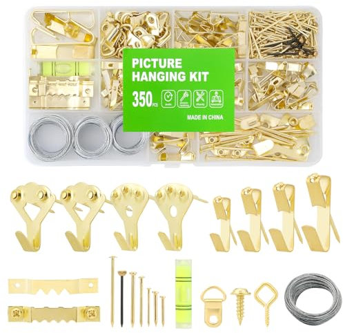 350PCS Picture Hanging Kit, Heavy Duty Photo Frame Hangers with Sawtooth Hardware, D Rings, Nails, Level, Screws, Steel Wire for Picture, Painting, Mirror, Wall Art Mounting