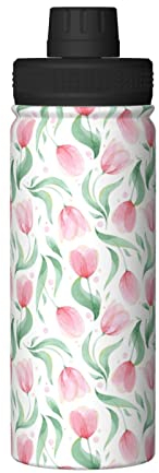 XqmarT Botella de agua, flor de tulipán rosa, hoja verde, termos aislados, vaso de vacío de acero inoxidable de 18 onzas, frasco de agua