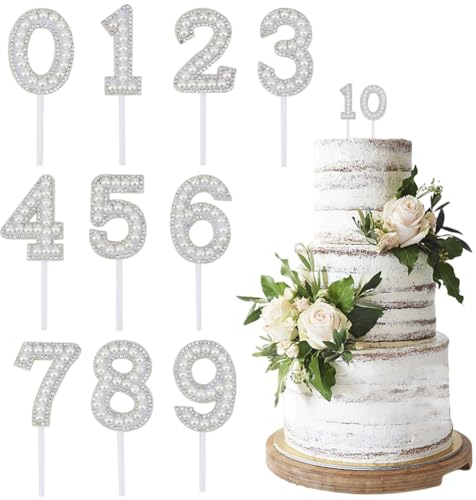 CRASPIRE 10 Sets Number Cake Topper Imitation Pearl Rhinestone 0-9 Number White Birthday Cake Plug in Decorations for Birthday Party Wedding Anniversary Supplies