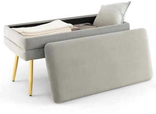 COSTWAY Storage Ottoman with Removable Top, Velvet Upholstered Storage Bench with Compartment & Gold Metal Legs, Modern Rectangular Footstool for Bedroom Living Room (Gray)