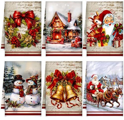 Geyoga 6 x Weihnachtstücher, 40,6 x 61 cm, saugfähige Handtücher, Geschirrtücher, Weihnachts-Küchendekoration für Weihnachten, Urlaub, Einweihung, Badezimmer, Geschenk, Gastgeschenk (Rot, Gold, Elch)