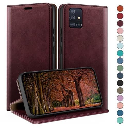 HUOUH für Samsung Galaxy A51 4G Hülle mit RFID Schutzhülle aus Lederhülle Handyhülle,360 Grad Schutz Case,Kartenfach Leder ständer Handy hülle für Samsung A51 Klapphülle Wallet Cover Rotwein