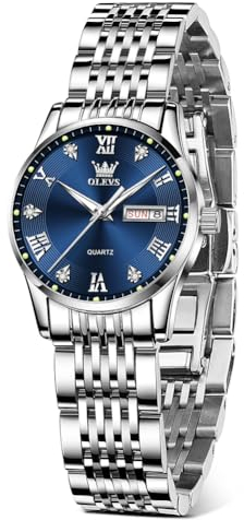 OLEVS Silber Damen Uhren Edelstahl Uhrenarmband Wasserdicht Damenuhr Kleines Gehäuse mit Datumsanzeige Eleagnt Blau Zifferblatt Damen Armbanduhr Analog Quarz Mode Leuchtend Römische Zahlen Uhr