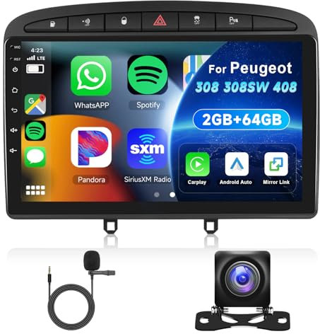 Hodozzy 2G 64G Autoradio Android per Peugeot 308/408 2007-2015 Carplay Android Auto, Radio 9 Pollice Touchscreen Stereo con Bluetooth Navi WiFi FM RDS Hifi 2 DIN Radio Schermo per Peugeot