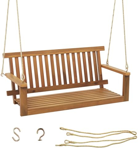 KOMFOTTEU 2-Sitzer Hängebank aus Akazienholz, Schaukelbank Hollywoodschaukel mit Armlehne, Hängeschaukel 130 x 63 x 57 cm, Verandaschaukel 360kg belastbar für Balkon Garten Terrasse