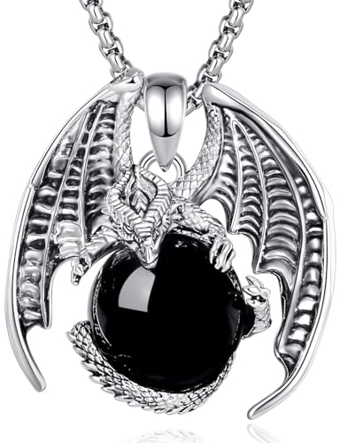 EUDORA Harmony Ball Wikinger Drachen Obsidian Kette für Damen Herren, Vintage Drachen Obsidian Halskette Anhänger Gothic Amulett Energie Schmuck Geschenk für Frauen Herren Papa Mutter, 20 +24