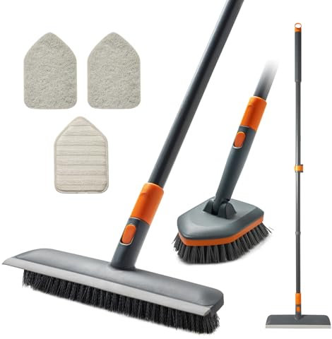 CLEANHOME Floor Scrub Brush Tile Tub Scrubber Brush with 4 Different Cleaning Heads, Shower Brush with 56” Extendable Long Handle, Scrubbers for Cleaning Kitchen, Bathroom, Tub, Tile, Wall