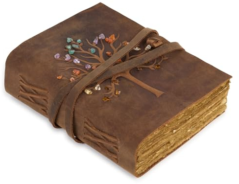GlobeeCraft Diario vintage de cuero árbol de la vida, papel de algodón hecho a mano, ideal como cuaderno viaje o cuaderno diario - 20x15 cm
