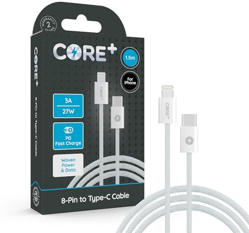 CORE + | 1M USB C to 8-Pin iPhone Charger Cable 2.4A 20W | Fast Charging | Compatible with iPhone, iPad, Airpods + Pro Max, Plus | iPhone 13, 14, 12, 11, 10 (1 x 1.5M 27W Fast Charge - Premium Woven)