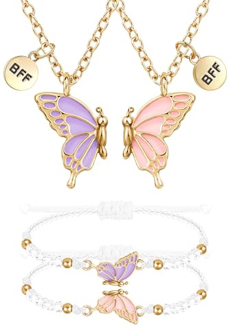 MJartoria BFF Necklace and Bracelets for 2-Butterfly Friendship Necklace Bracelet Best Friend Necklace Matching Necklace Bracelets Gifts (Pink+Purple-Gold)