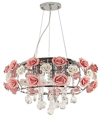 Modernes Wohnzimmer Kristall Kronleuchter Romantischer Rosen-Kristall-Kronleuchter Moderne rosa keramische Rose Pendelleuchte Runde verstellbare Deckenleuchte for Mädchen Schlafzimmer/Wohnzimmer/Esszi