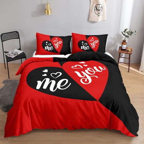 HOSIMA Liebesherz-Bettwäsche-Set für Erwachsene, Jungen und Mädchen, Schwarz Rot Liebesherz-Druck, Bettbezug mit 2 Kissenbezügen (Rot Liebesherz S)