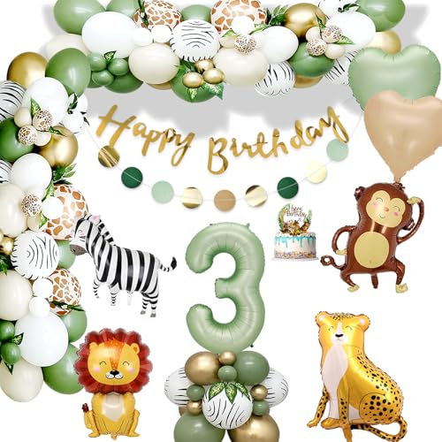 Deko 3. Geburtstag Junge Mädchen,Geburtstagsdeko 3 jahr,Grüne 3.Geburtstag,Dschungel Geburtstagsdeko 3 Jahr,Kindergeburtstag Deko 3 Jahr mit Safari Luftballons 3. Geburtstag für Deko 3. Geburtstag