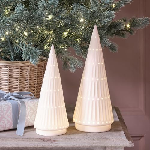 Lights4fun 2er Set LED Weihnachtsbaum Keramik Mini Tannenbaum warmweiß Batterie Christbaum Keramik Weihnachtsdeko Weiß