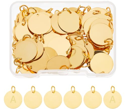 SUPERFINDINGS 60 Stk. Leere Stempelanhänger Messing Nachrichtenwort Anhänger Mit Sprungring Gold Flache Runde Anhänger Ohrring Armband Halskette Bastelbedarf Für Die Schmuckherstellung 15mm