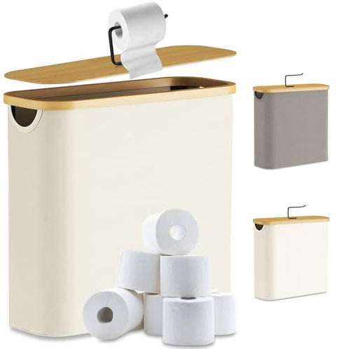 LEEJARD 30L Toilettenpapier Aufbewahrung Korb mit Deckel aus Bambus, Klopapier Aufbewahrung Behälter, WC Papier Aufbewahrung, weiß eleganter Badezimmer Organizer für Klorollen