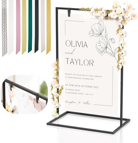 Cathyeen Wedding Welcome Sign Stand, 50”x30”x 20” Heavy Duty Easel Stand for Sign with 8 Pair Satin Ribbon & 2 Leather Strap, Welcome to Our Wedding Sign Holder, Metal Floor Standing Easels for Signs