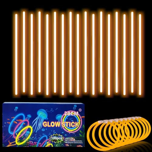 Knicklichter Kinder Party Set Orange,100 Stück Leuchtstäbe Kinder+100 Verbinder,Schwarzlicht Deko Brillen&Armreifen Für Halloween,Weihnachten, Geburtstage,Hochzeit,Neon Leuchtstäbe Party Accessoires