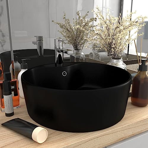 Plomberie, robinetterie, lavabo, lavabos de salle de bain,lavabo de luxe avec trop-plein, noir mat, 36 x 13 cm, céramique