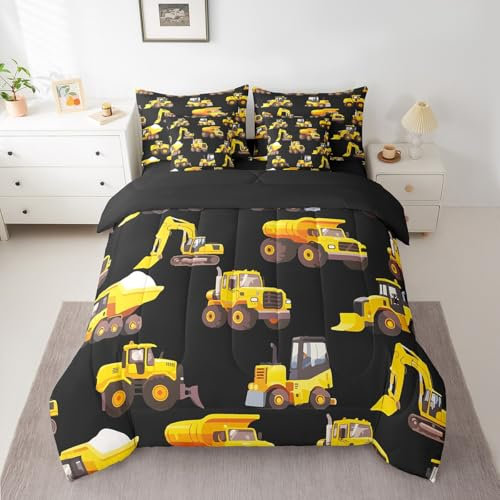 Feelyou Bagger Bett Set Jungen Mädchen Twin Size Baustelle Autos 7-teilig Beeding Set Ultra Soft Cartoon Auto Bett in einer Tasche mit Tröster Laken Kissenbezüge Traktor Zimmer Dekor