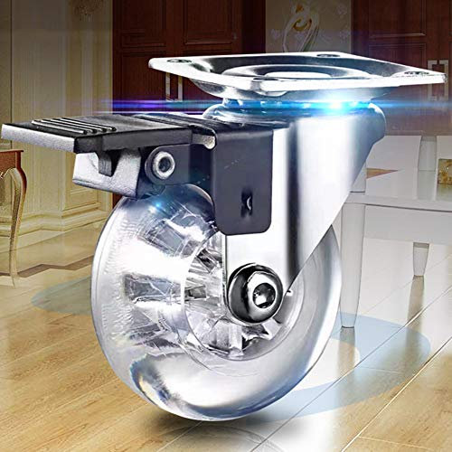 PWOBFBAZ Lenkrollen, transparente, drehbare Möbelrollen, 360-Grad-Drehung, obere Platte, 7,6 cm (3 Zoll), Feststellrolle, Ersatz mit Schrauben (transparentes PU, 4 Stück)