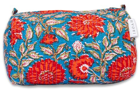 IBOAH Trousse de Toilette Coton Matelassé (Bleu Fleurs Oranges, L)