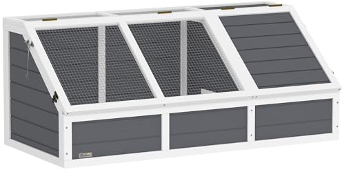 PawHut Maison en Bois pour Tortues Couvercle Ouvrable 120x55x50cm Gris | Enclos Tortue Extérieur, Petits Animaux, Loquets, 2 Espaces Distincts, Cage Lapin Extérieur sans Fond