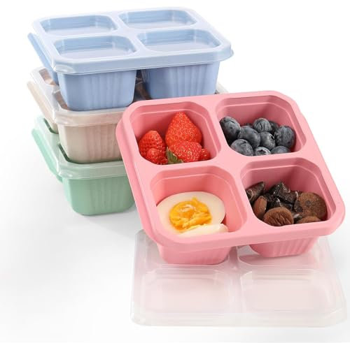 Pubiao 4 Pack Lunch Box Snack Boxes, Reusable Bento Boxes with 4 Compartments Snack Containers for Kids Adults Meal Prep Divided Food Storage for School Work Travel (Pink/Blue/Beige/Green)