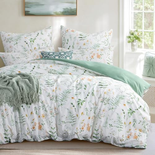Aisbo Double Bedding Duvet Cover Sets - 3 Pieces Floral Bedding Set White and Sage Green, Soft Brushed Microfiber Double Bed Quilt Cover with 2 Pillowcase, 200x200 cm