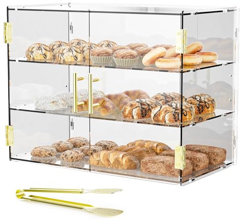 Cityjoy Vitrine de comptoir à 3 niveaux avec porte automatique élastique, 49,5 x 37,8 x 26,2 cm, vitrine en acrylique pour pâtisserie, pain, dessert, biscuits