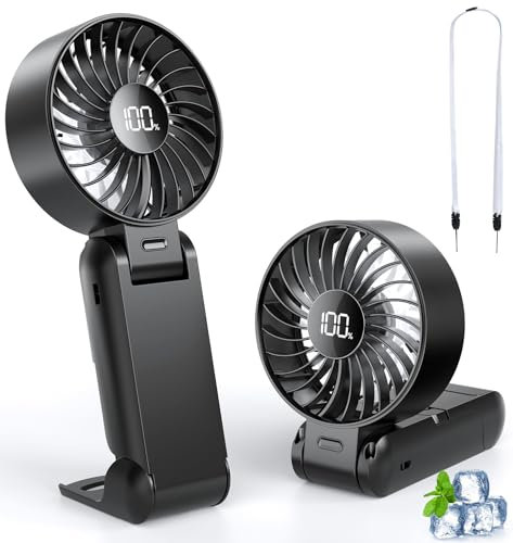 POIFL Ventilateur Portable, Mini Ventilateur Portable avec Écran et Lanière, 5 Vitesses, Silencieux Ventilateur de Bureau Pliable, 3800 mAh Ventilateur USB pour Voyage, Cours, Éventail Main/Bureau/Cou