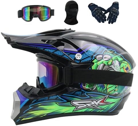 Motorradhelm MTB Helm Fullface Kinder 7-14, Motocross Herren Damen, Jugend Integralhelm Crosshelm Motorrad MTB Enduro Quad ATV Downhill Helm, Mit Brille Handschuhe(Blue,S(52-53CM))