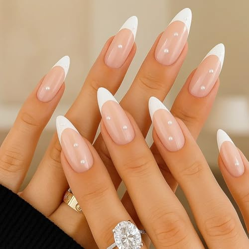 Long Almond French Press On Nails with Pearl Accents – Elegant White French Tip False Nails, Glossy Acrylic-Style Glue On Nails for Weddings, Parties & Daily Wear – Natural Curve Fit & Reusable