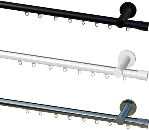 GARDUNA Ø 20mm Innenlauf Gardinenstangen-System, Metall, Schwarz-glanz/Weiß-glanz/Edelstahl-Optik, Wandmontage, mit X-Gleitern in Profilfarbe, konfektioniert in Germany (edelstahl-optik, 200)